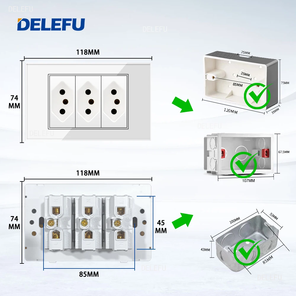 DELEFU 4*2 White Tempered Glass Brazil Standard Outlet Dual Usb Type C  Wall Socket Light Switch Switzerland 10A 20A