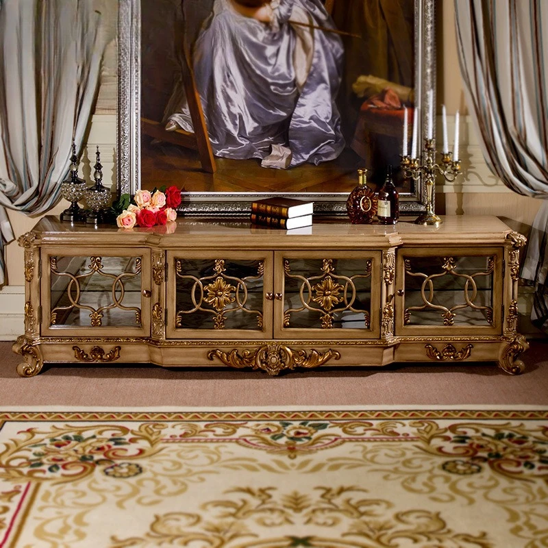 

European Living Room Furniture, Luxury Solid Wood Carving Flower Four-door TV Cabinet, French Villa Gold Painting Hall Cabinet