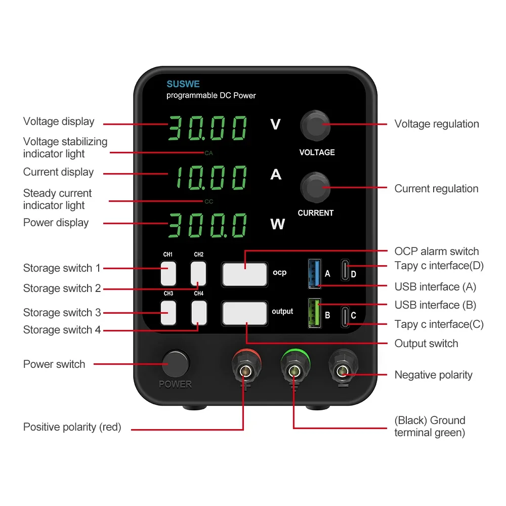 Fuente de alimentación de pantalla digital ajustable de alta calidad, fuente de alimentación regulada de banco de laboratorio, CC, 30V, 10A, 60V, 5A, 120V, 3a