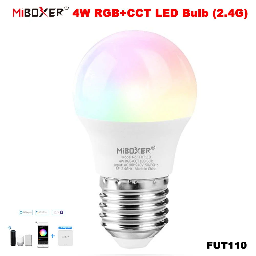 Miboxer FUT110 AC100-240V E27 Mini Smart 2.4G TUYA 4W RGBCCT Color Temperature/Brightness Adjustable APP Voice Control LED Bulb