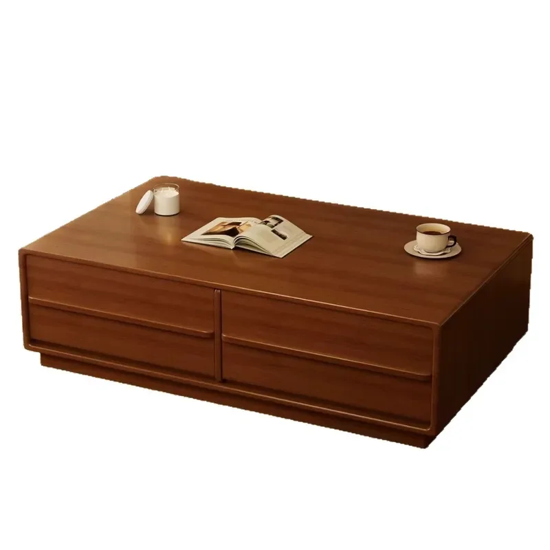 Medieval Solid Wood Tea Table with Many Drawers Large Capacity Storage Rounded Corner Invisible Handle for Household Living