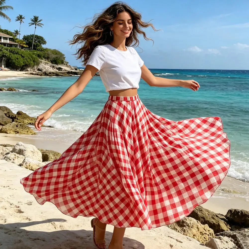 2026 Women Summer Skirt Women’s Plaid Maxi Skirt Elastic Waist Long Skirt Flowy Hem Lightweight Summer for Beach Travel Vacation