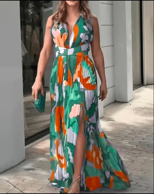 

New Women's Long Dress V-neck Sleeveless Pleated Printed Slit Dress Elegant And Fashionable Style Elegant Beach Floral Dress