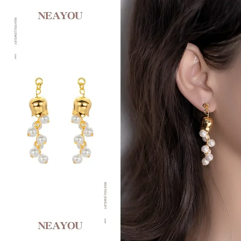 

9999 Real Gold 24K Sweet Light Luxury Golden Bell Orchid Pearl Earrings Niche Personality Premium Sense Pearl Flower Versatile