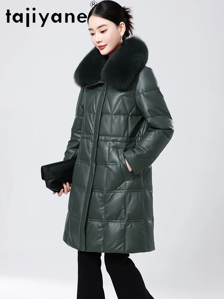 TAJIYANE 100% الطبقة العليا جلد الغنم أسفل معطف امرأة الأخضر جلد طبيعي طويل سترة منفوخة الثعلب الفراء طوق 2025 الملابس الشتوية