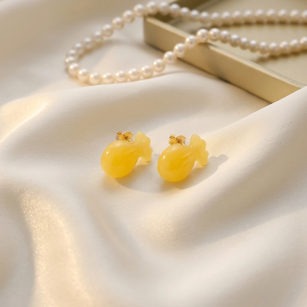 Certificate 925 Sterling Silver Natural Honey Amber Money Bag Stud Earrings Symbolizing Wealth For Generations Ear Hoop Jewelry
