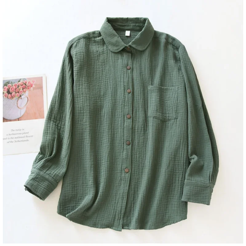 Retro 100% Bawełna Koszula Damska Top Moda 2024 Casual Turn Down Kołnierzyk Długi Rękaw Bluzka Niebieskie Koszule Blusas Mujer EnvíO Gratis