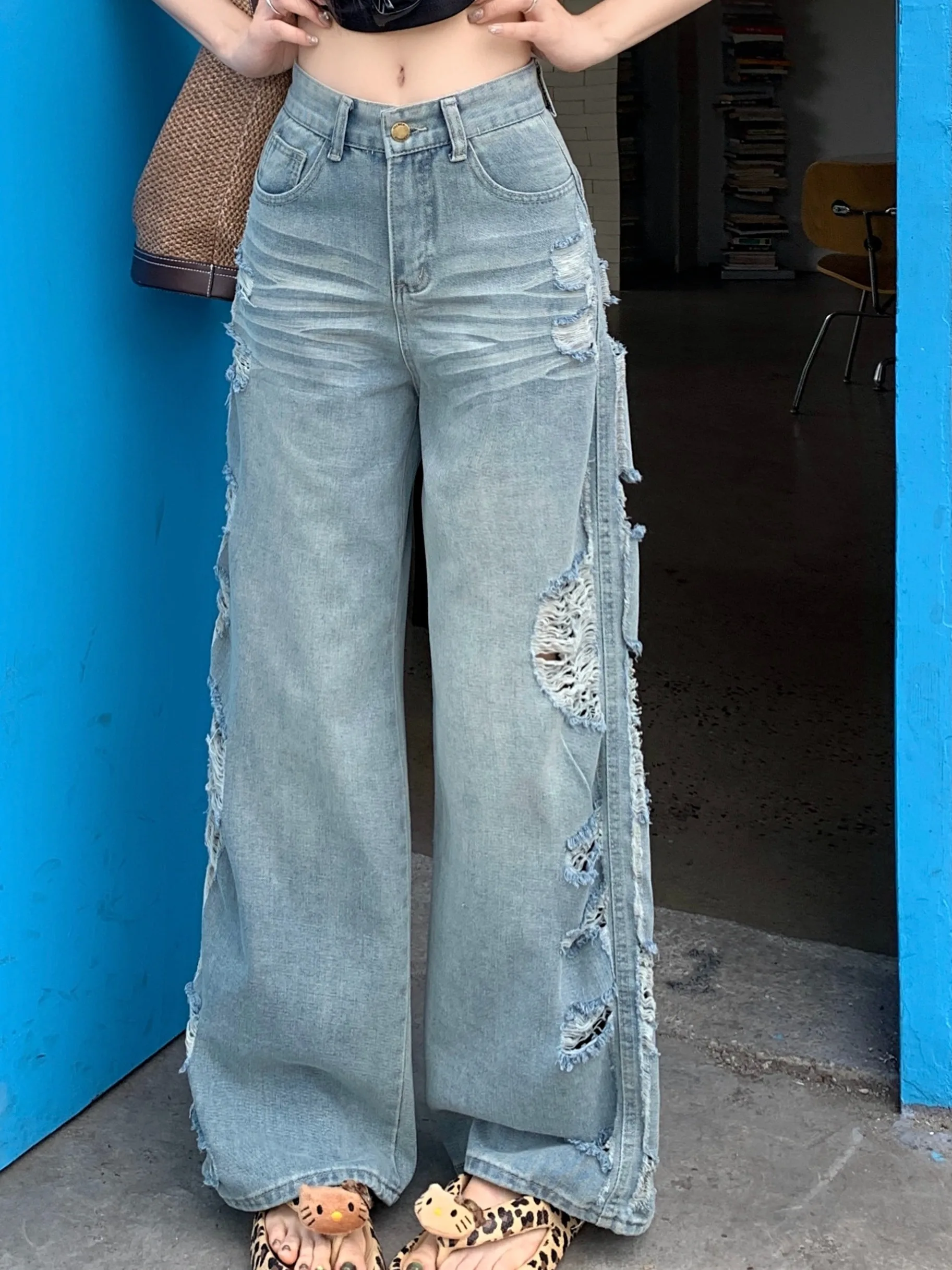 

American Style High Waist Vintage Washed Jeans Loose Straight Leg Pants Torn Design Slimming Effect Full Cotton Casual Wear
