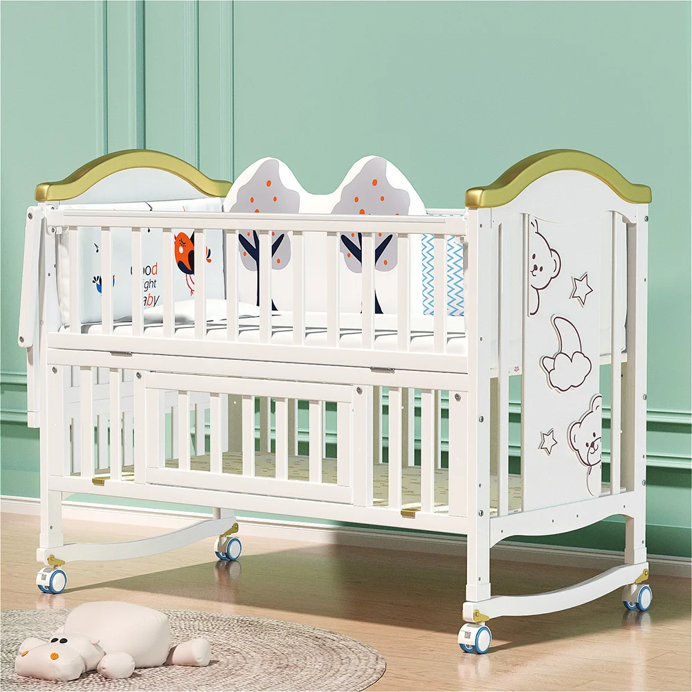 White solid wood baby crib and comfortable baby cradle beds for 0-3 years old