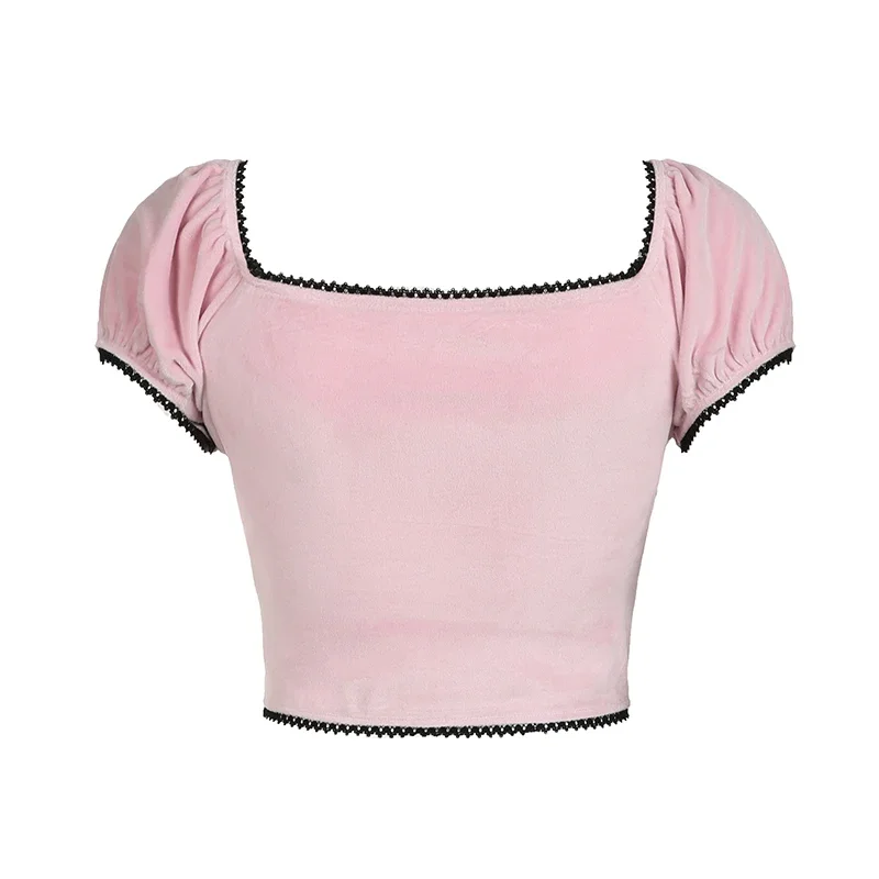 Kawaii Casual Bow Sexy Fitted Short Sleeve T-shirt Sweet Pink Velvet Cropped Top Girls Tee Y2K Streetwear Contrast