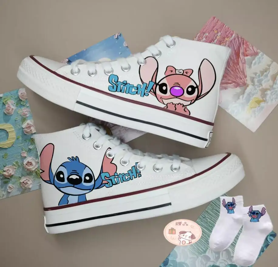 Disney Lilo & Stitch Print Casnvas Shoes 2024 New White Sport Shoes Couple Casual Sneakers Fashion Tennis Shoes Size 35-44