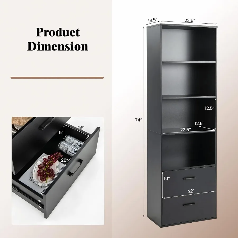 خزانة كتب بطول 74 من 4 طبقات مع أدراج خزانة كتب سوداء قائمة بذاتها مع مجموعات مضادة للرأس خزانة عرض خشبية مفتوحة للتخزين 4C