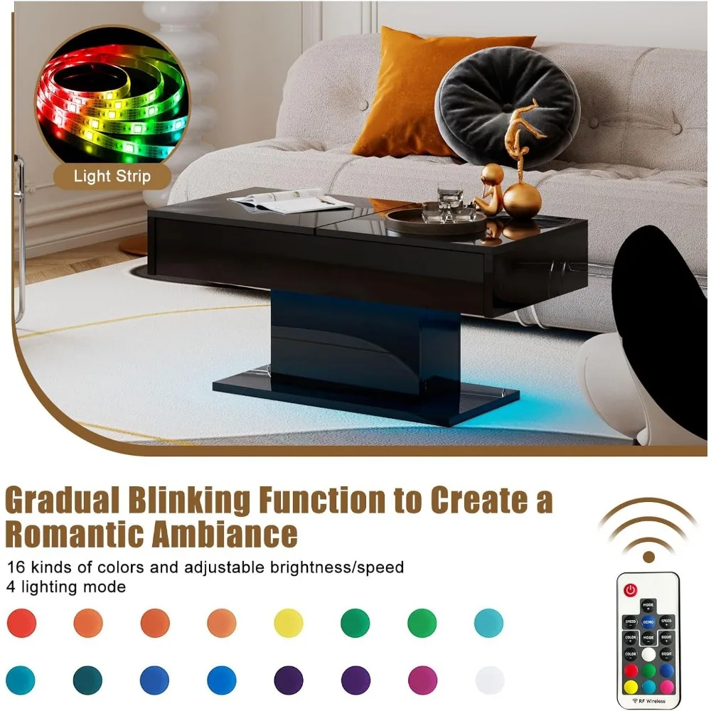 Black LED Coffee Table with Storage for Living Room, Living Room Table Rectangular Center Table, Modern High Glossy Wooden Coffe