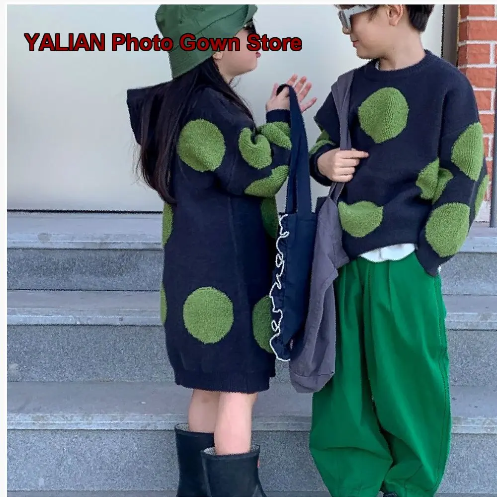 Sibling Kids Spring Long Dress Hooded Polka Dot Knit Top Boys Girls Stylish Outwear
