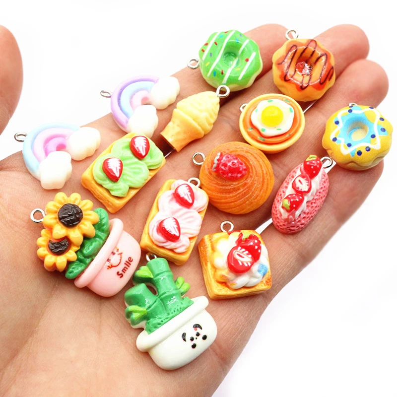 10 ألوان مختلطة الراتنج لطيف كعكة الزهور قوس قزح مصاصة سحر قلادة ديي صنع المجوهرات اكسسوارات المفاتيح قلادة