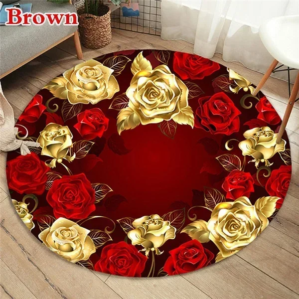 Gold Rose Pattern Round Shape Floor Mats Kitchen Hallway Runner Rug Bedroom Living Room Soft Carpet Non-slip Area Rug