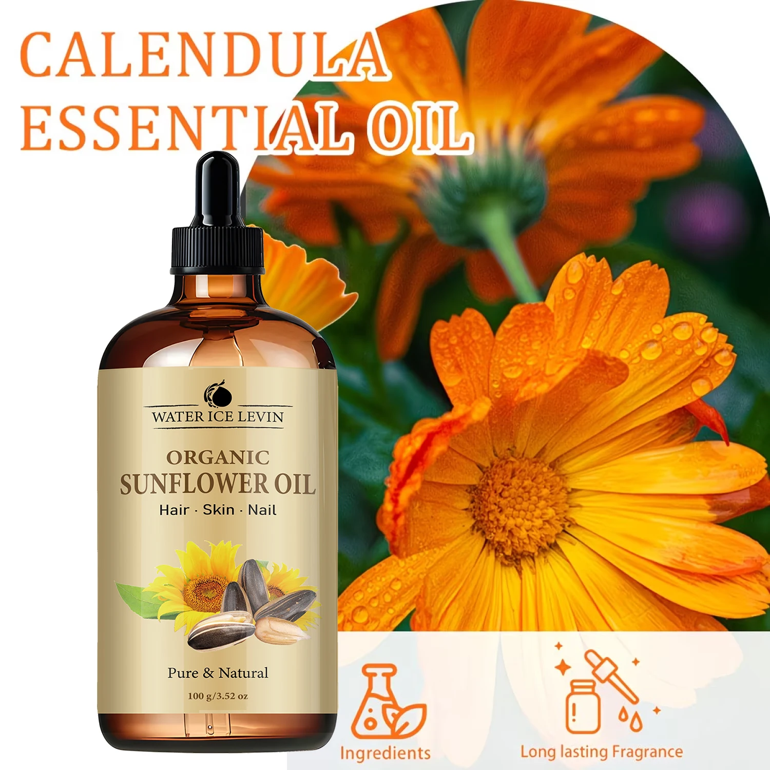Water Ice Levin Organic Sunflower Oil Multi-Use For Hair Skin Nail Non-GMO Alcohol-Free Mild Nourishing Care Oil 100g
