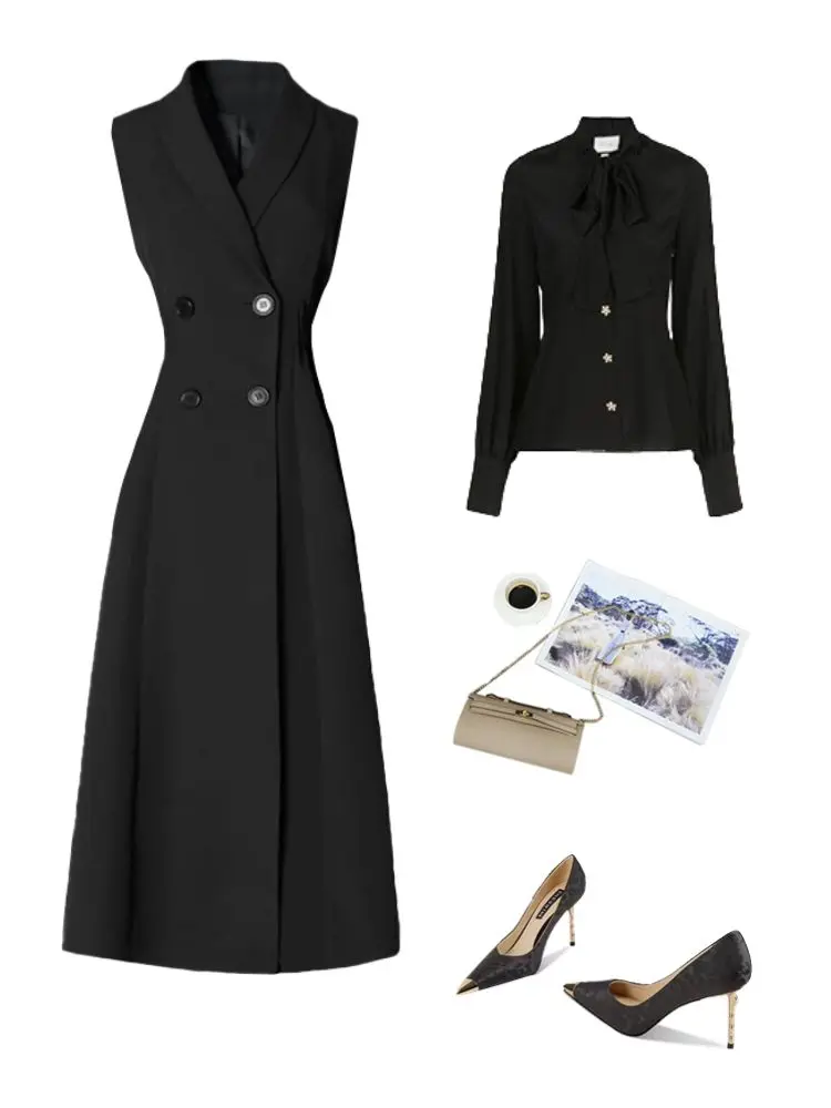 فستان بدلة بدون أكمام لتنحيف الخصر للخريف نمط جديد ملابس متعددة الطبقات تنورة داخلية طويلة تنورة سترة بطول الركبة 6037 #3