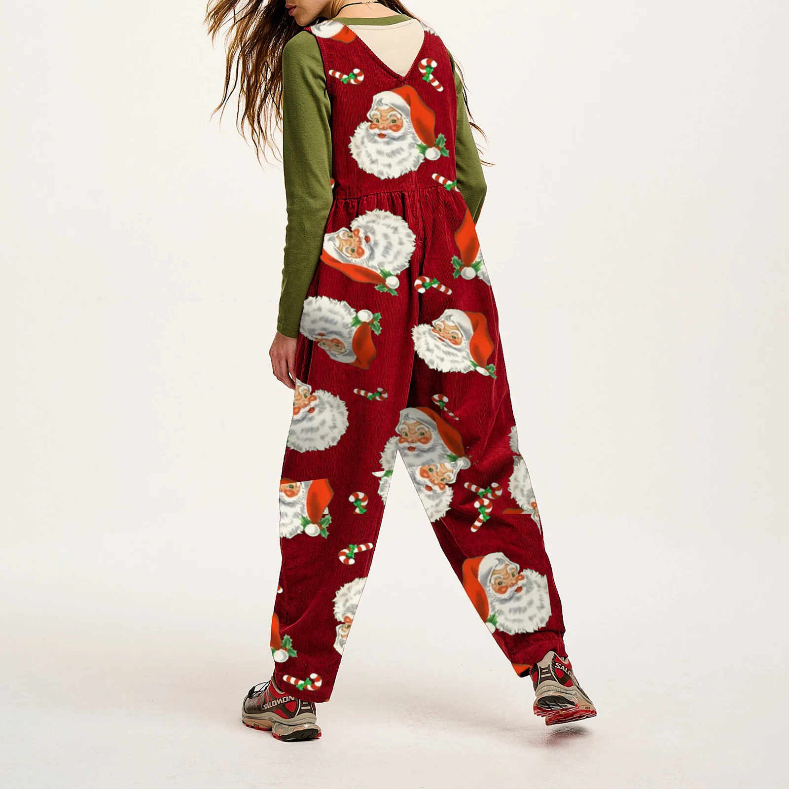 Women Christmas Bib Overalls Santa Claus Print Baggy Jumpsuit Romper Pants with Pockets Y2K Festival Holiday Clothes