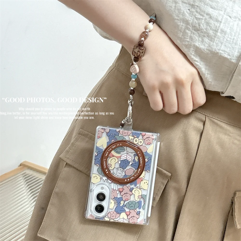 Cute Cartoon Animal Print Phone Case For Samsung Galaxy Z Fold 8 360°Rotating Ring Holder Hard Cover With Color Bead Wrist Chain