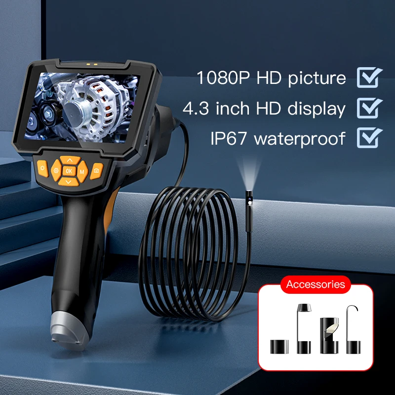 Dual Lens Handheld Industrial Endoscope 4.3 "IPS Screen Borescope Inspection Snake Camera with 8 LED Lights 1080P Sewer Camera