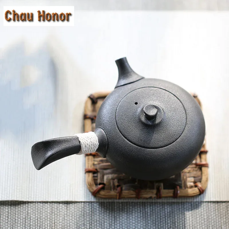 175ml Handmade Japanese Style Ceramic Side Handled Teapot Balck Coarse Tea Pot Kung Fu Tea Pu'er Teaware Master Personal Pots