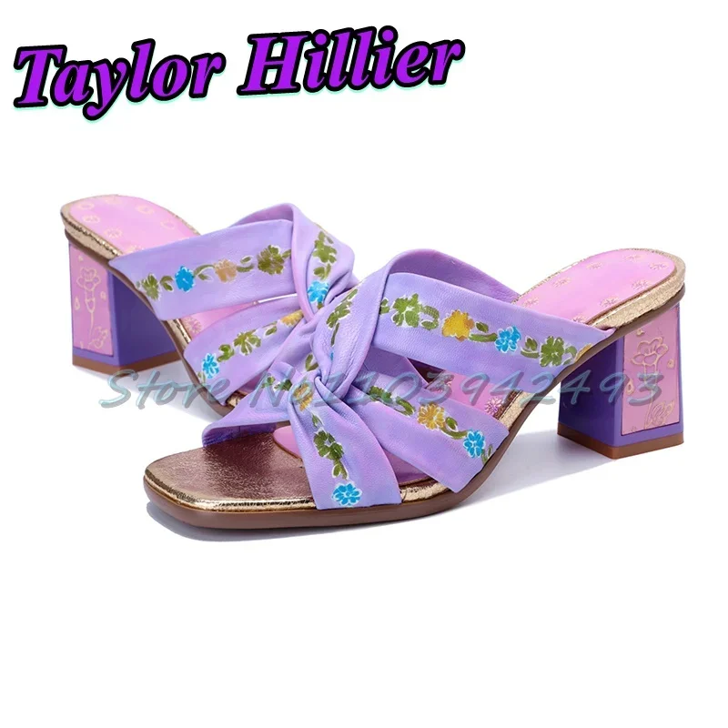 

Violet Flower Printing Heels Knot Heeled Sandals Open Toe Chunky Heel Women Luxury Designer Shoes Summer Slip On Pull On Mules