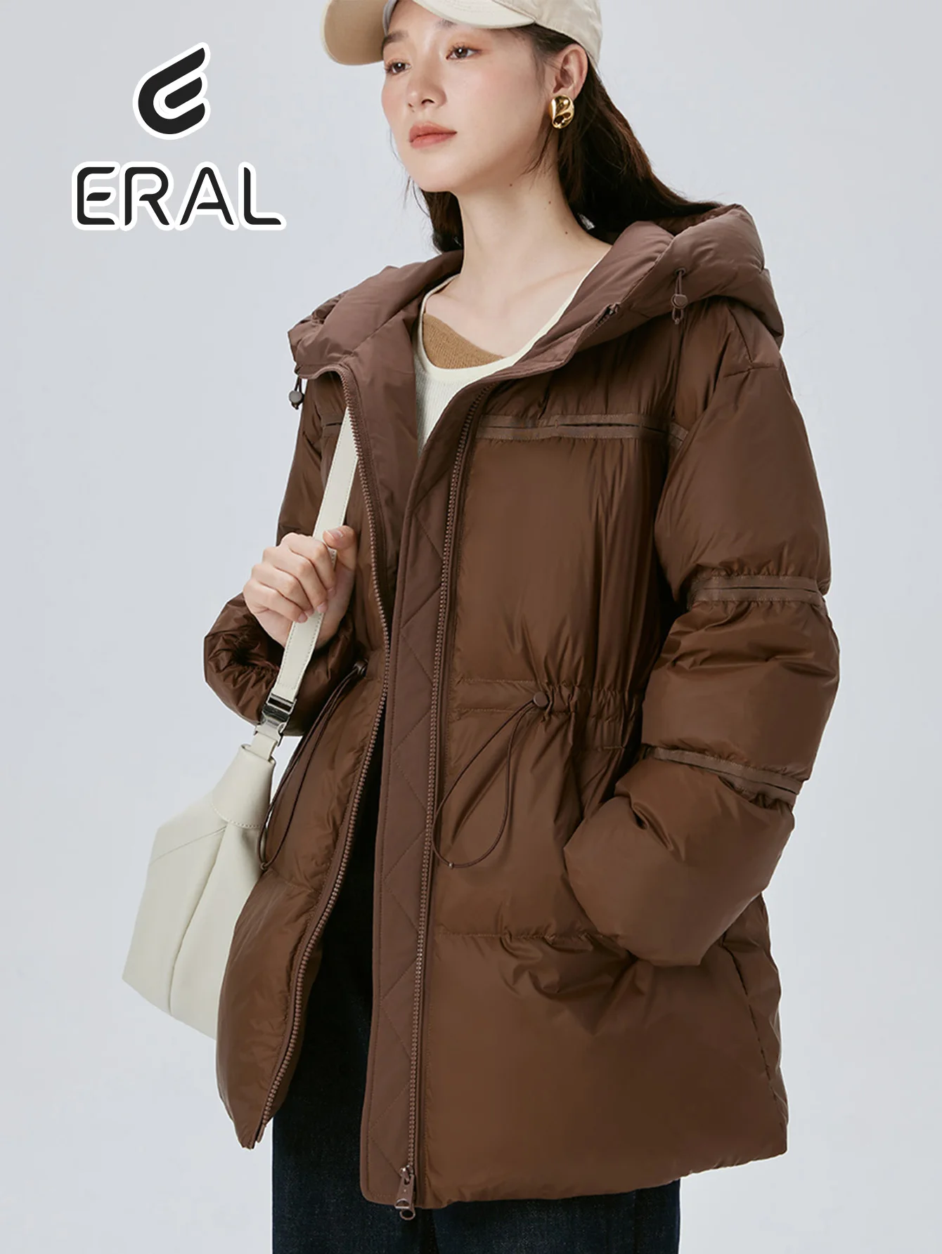 ERAL Brown Minimalism Down Jackets Women 2024 Winter Warm Thicken Fashion Loose Hooded Solid Commuter Fitted Waist Design Coat