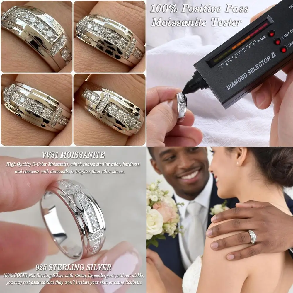 

Мужское обручальное кольцо из стерлингового серебра с муассанитом, цвет D, чистота VVS, круглая огранка, размер 5-17