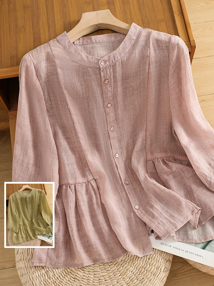 캐주얼 린넨 여성 여름 2024 패션 스탠드 칼라 루즈핏 버튼 디테일 단색 탑