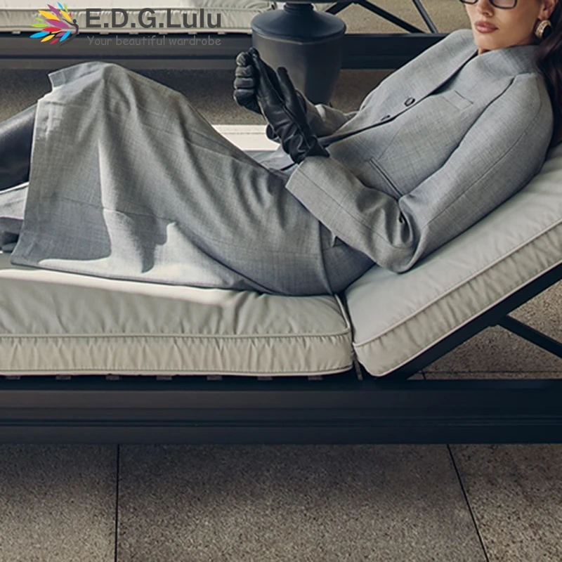 EDGLuLu Женский комплект из двух предметов с воротником-стойкой, однобортный короткий топ + длинная юбка с высокой талией, серый костюм, шикарный женский наряд 1026