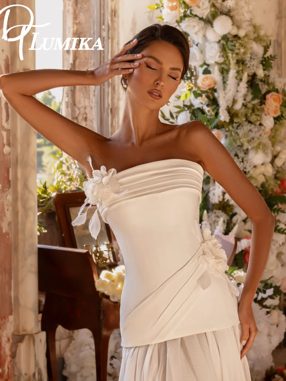 فستان زفاف فاخر من الساتان بكتف واحد 2026 فستان زفاف رومانسي ثلاثي الأبعاد على شكل زهرة حالمة على شكل حرف a بطول الأرض رداء De M #1