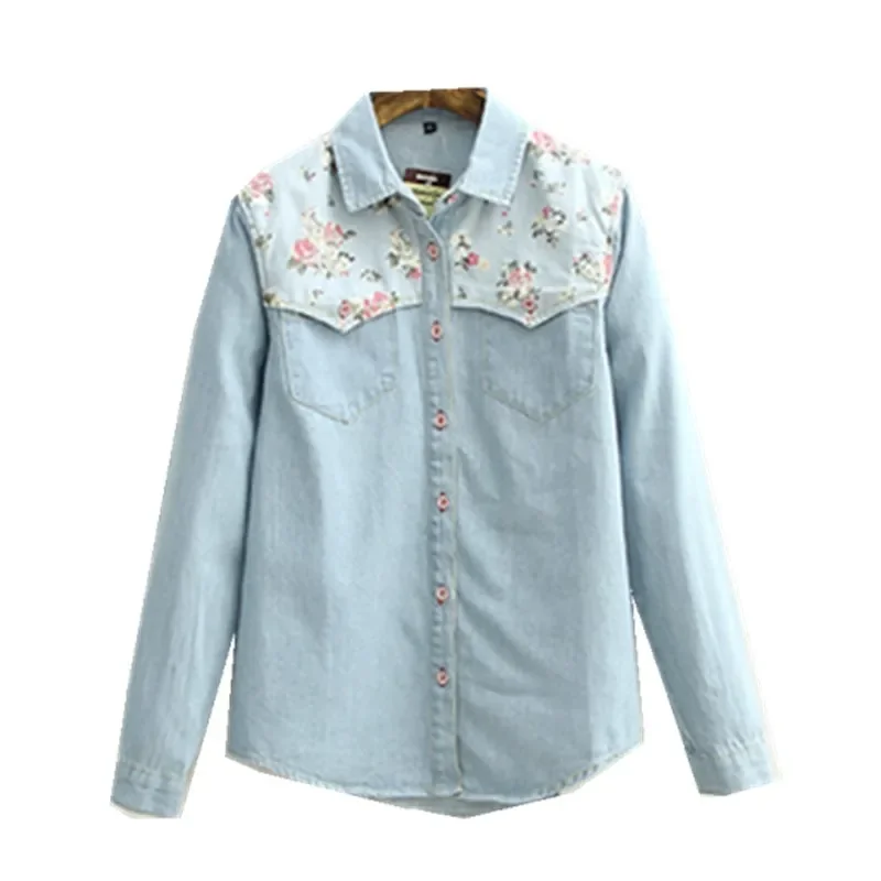 

Рубашка Sweet Rose Flower Женские хлопковые джинсовые рубашки с фрагментарным цветочным принтом