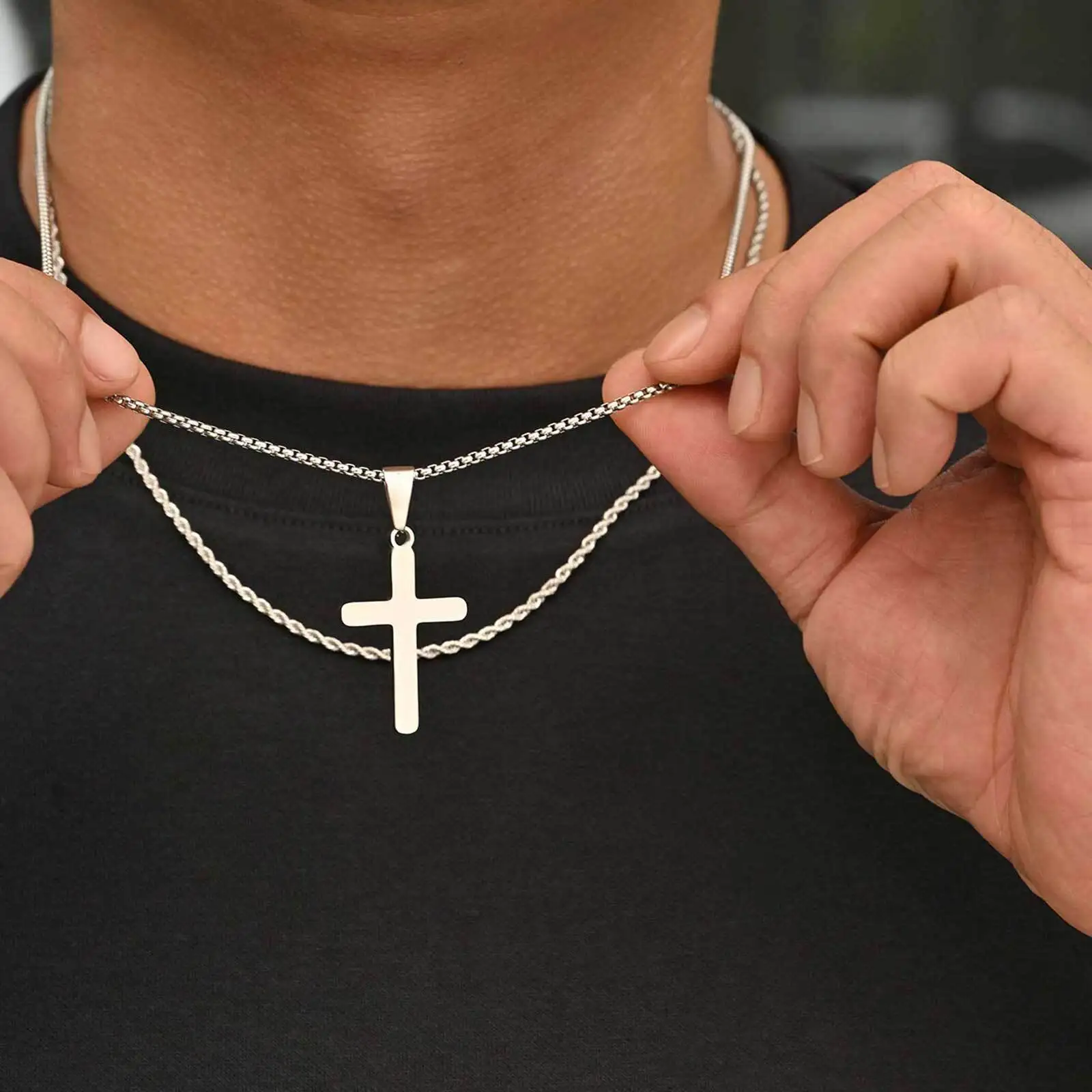 2pcs Men's Necklace,Waterproof Stainless Steel Cross Pendant Necklace,Birthday Party Jewelry Gift for Husband Dad Son BBF - Image 5