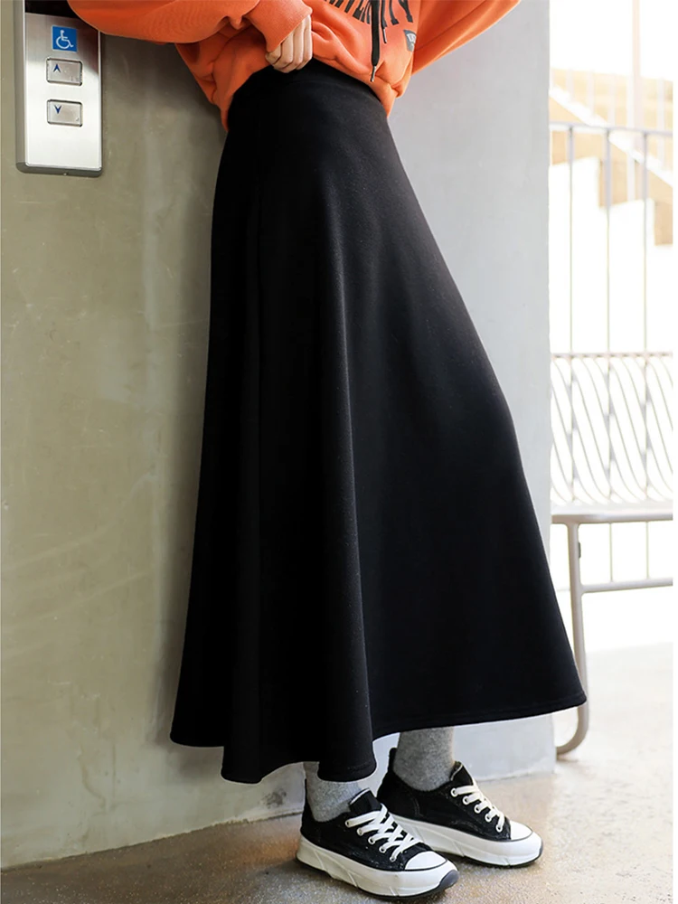 TIYIHAILEY-Women's Long Mid-Calf Thick A-line Skirts Fleece Warm Skirts With Pocket Winter New Custom Made Black Grey  XS-3XL