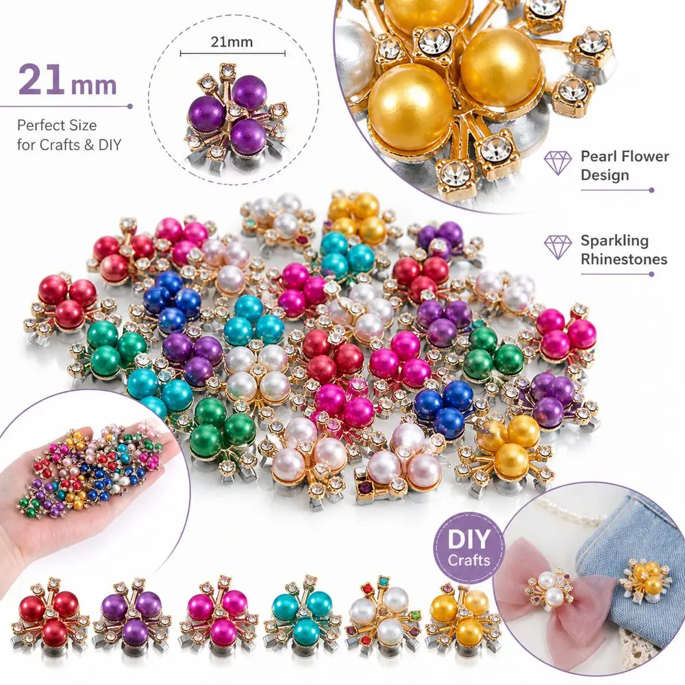 20PCS 21mm Pearl Flower Rhinestone Button Alloy Hair Accessories Floral Buttons Crystal Hairpins Rhinestone Decoration Button