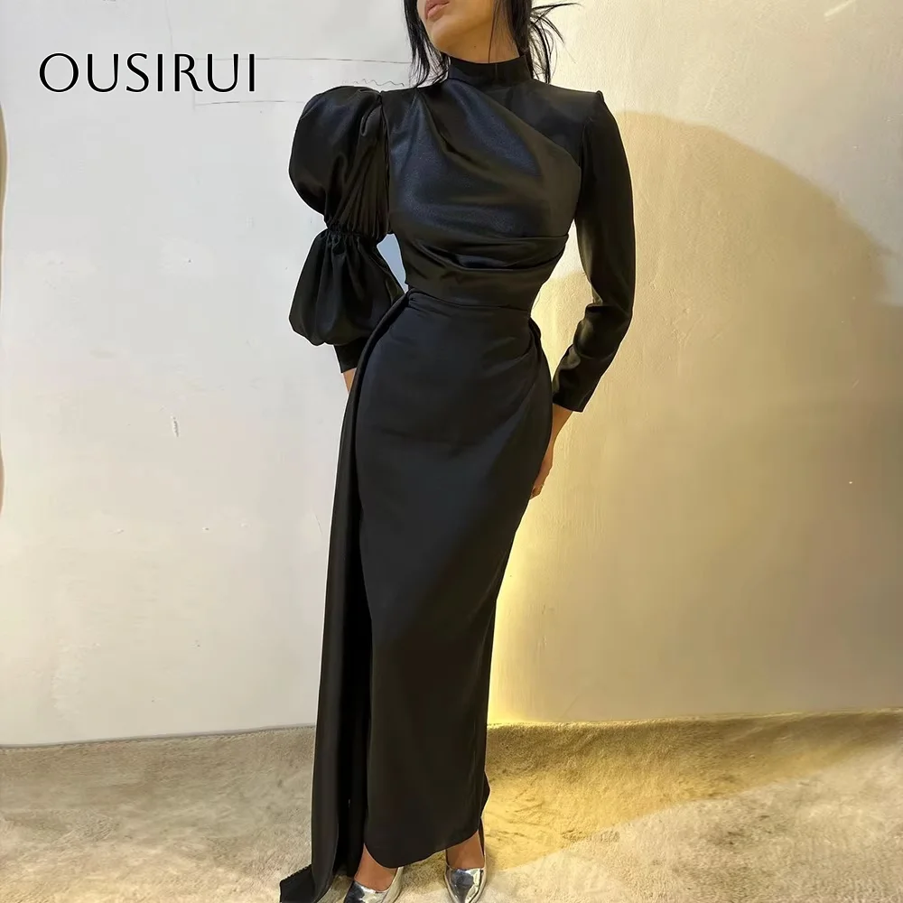 

OUSIRUI Modest High Neck Satin Solid Sheath Saudi Party Gown Ankle-Length Dubai Prom Dress with Long Sleeve vestidos de festa