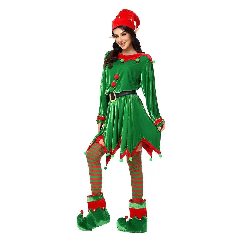 Christmas Costume Set 7 PCS Santa's Helper Costume Costume Suit Funny Festive Outfit With Shoe Belt Ear For Role Play Girls Boys