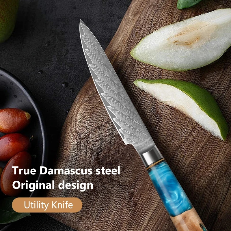 Cuchillo Multiusos de 5 Pulgadas, Acero de Damasco, Cuchillo de Chef Profesional Japonés, Cuchillo para Pelar Verduras con Mango de Resina Azul