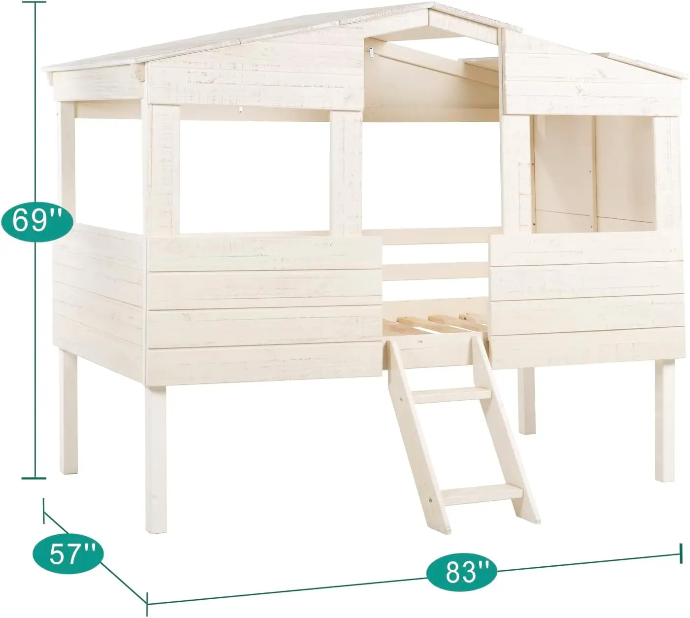 Naomi Home Susie Full Size House Bed, Kids Low Loft Bed with Step Ladder, Solid Pine Wood Cabana Style House Loft Bed for Kids w