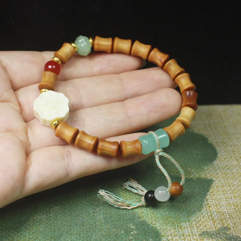 High Oil Content Cypress Bamboo Joint Bracelet Floral Green Bamboo Beaded Handstring for Women Buddhist Prayer Beads Gifts