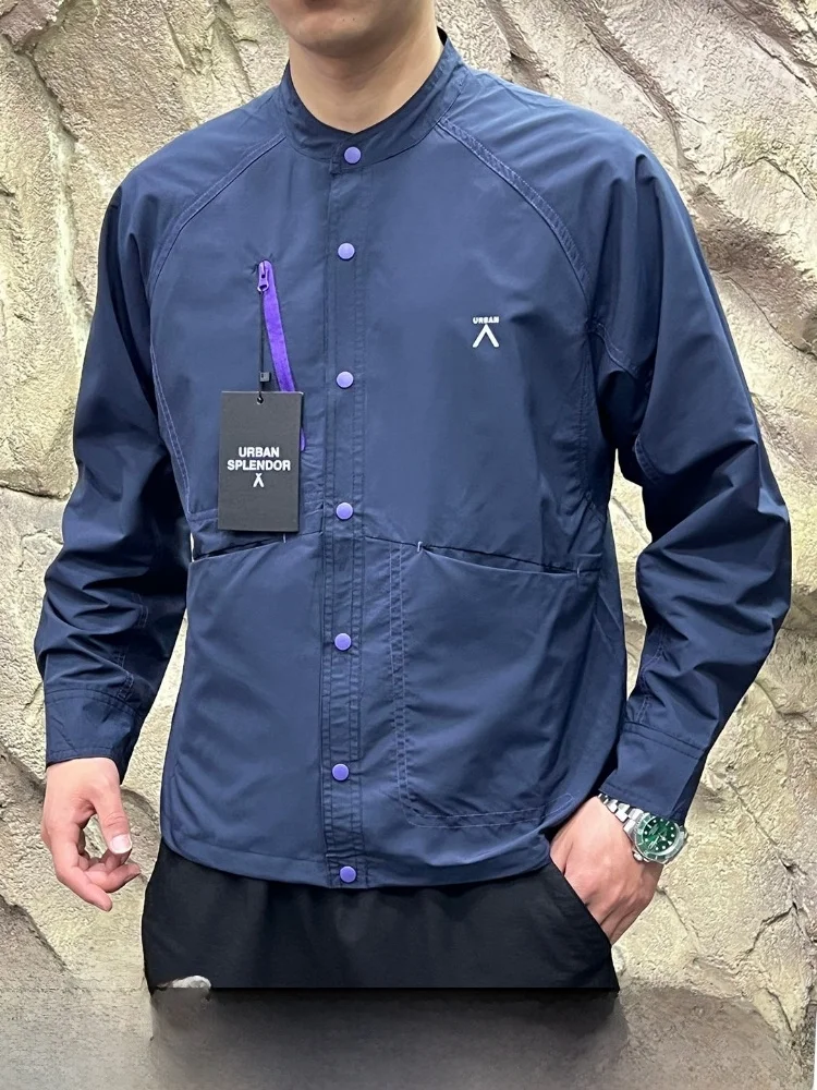 

Super Stylish Outdoor Men's Shirt Stand Collar Quick Dry Breathable Patchwork Long Sleeve Casual Style Polyester Fiber