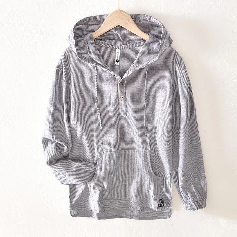 Men's Lightweight Breathable Striped Sweatshirt with Hood and Loose Long Sleeves for Casual Wear