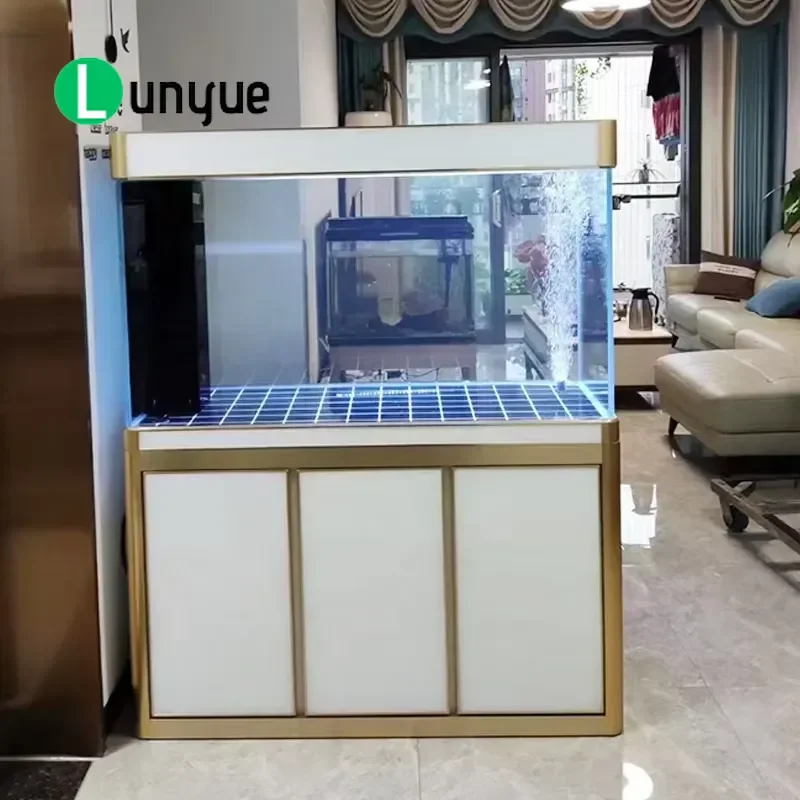 Large Ultra White Glass Fish Tank Aquarium with Aluminum Bottom Cabinet Customizable Big Size Home Decor