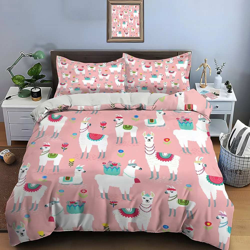 Cute Cartoon Llama Alpaca Print Bedding Set Duvet Cover 1 Duvet Cover 2 Pillowcases Adult and Children Bedding Set Luxury Gifts