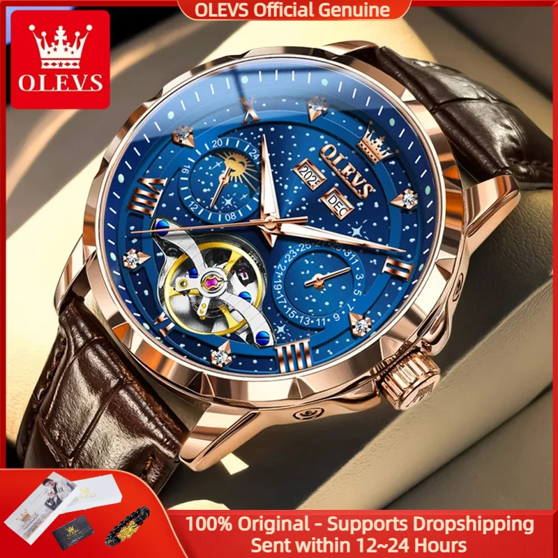 

OLEVS 6690, мужские часы, звездное небо, скелетон, водостойкий хронограф с фазой Луны, элитный бренд, оригинальные мужские автоматические механические часы