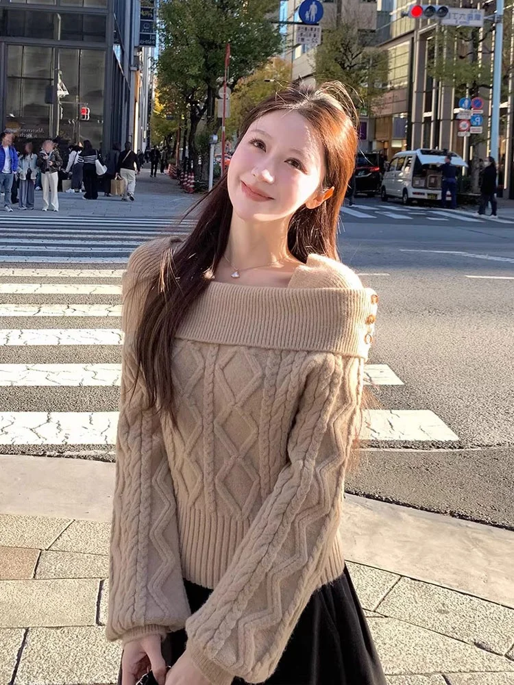 

Вязаный свитер на одно плечо в стиле ретро, женский маленький размер, высокая талия, утягивающий обнажающий плечо, осень-зима, модный повседневный свитер