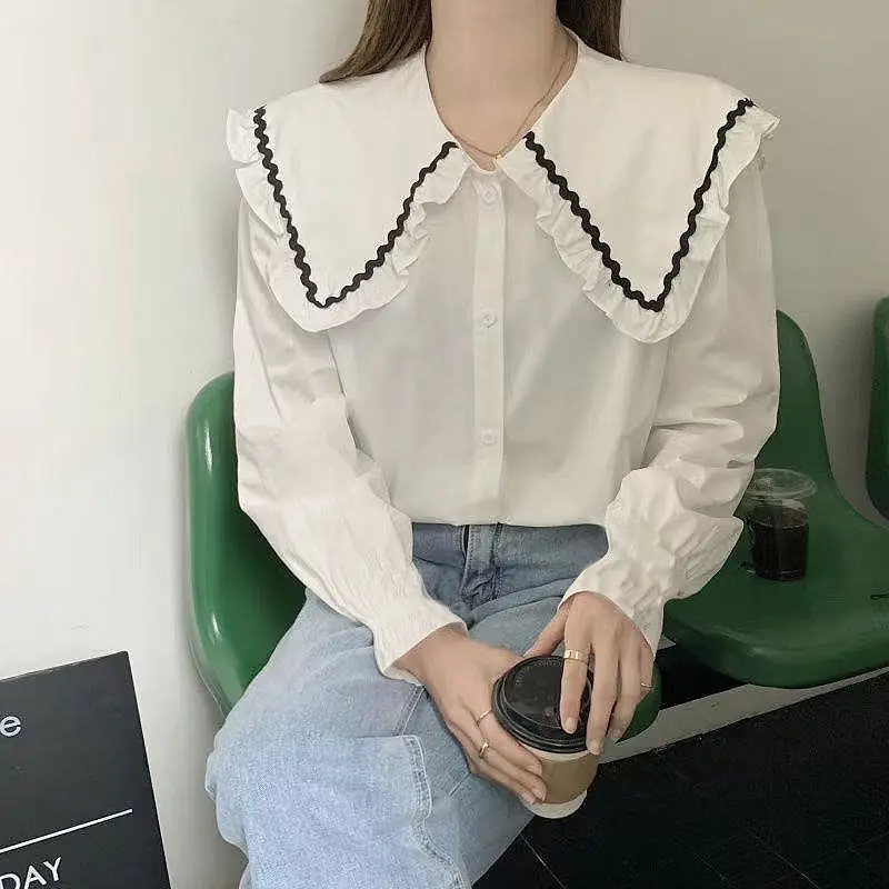 Korean Fashion Spring Autumn Long Sleeve Women Shirt Harajuku Constrast Color Pleated Turn Down Collar Blouse French Clothe