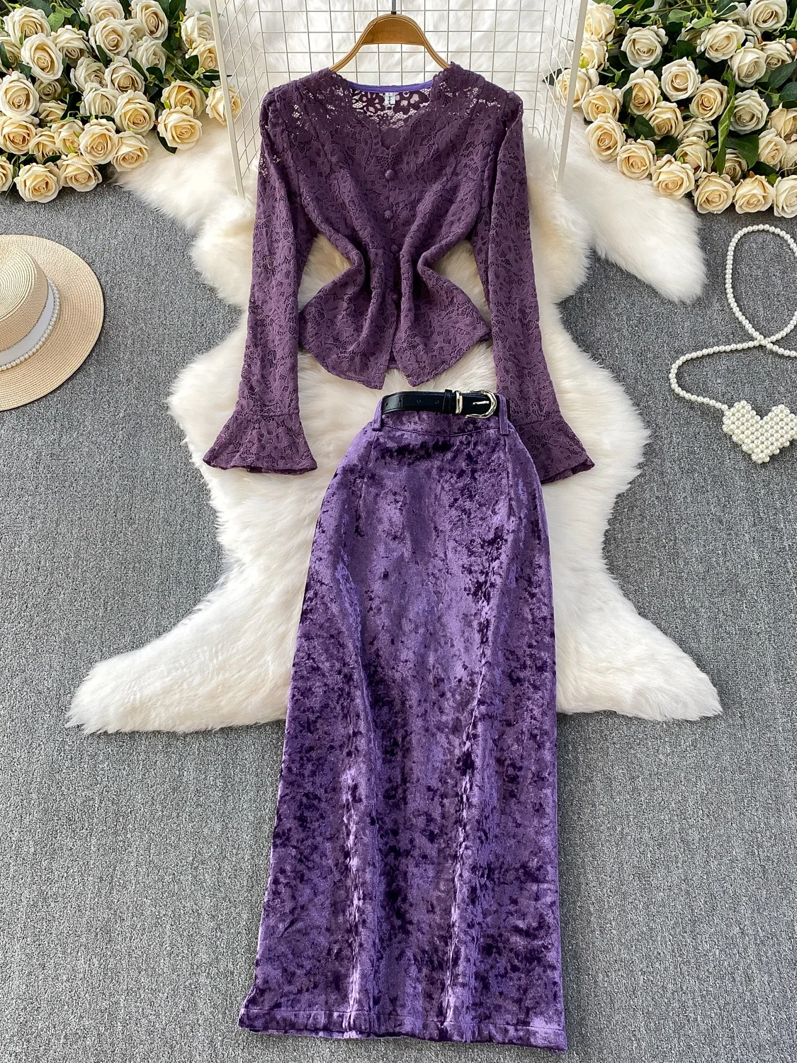 

Ele Кружевной топ с v-образным вырезом Bell Sve для похудения, бархатная юбка миди с высокой талией, комплект из двух предметов, повседневная осенняя одежда во французском стиле