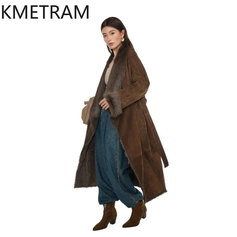 

KMETRAM Natural Tuscany Wool Sheepskin Coats Women Winter Luxury Long Outerwears 113cm Real Fur Coat Woman Clothing 2026 jaqueta